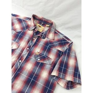 Mens Larry Mahan Pearl Snap Shirt Short Sleeve Plaid Red Blue Mens Large